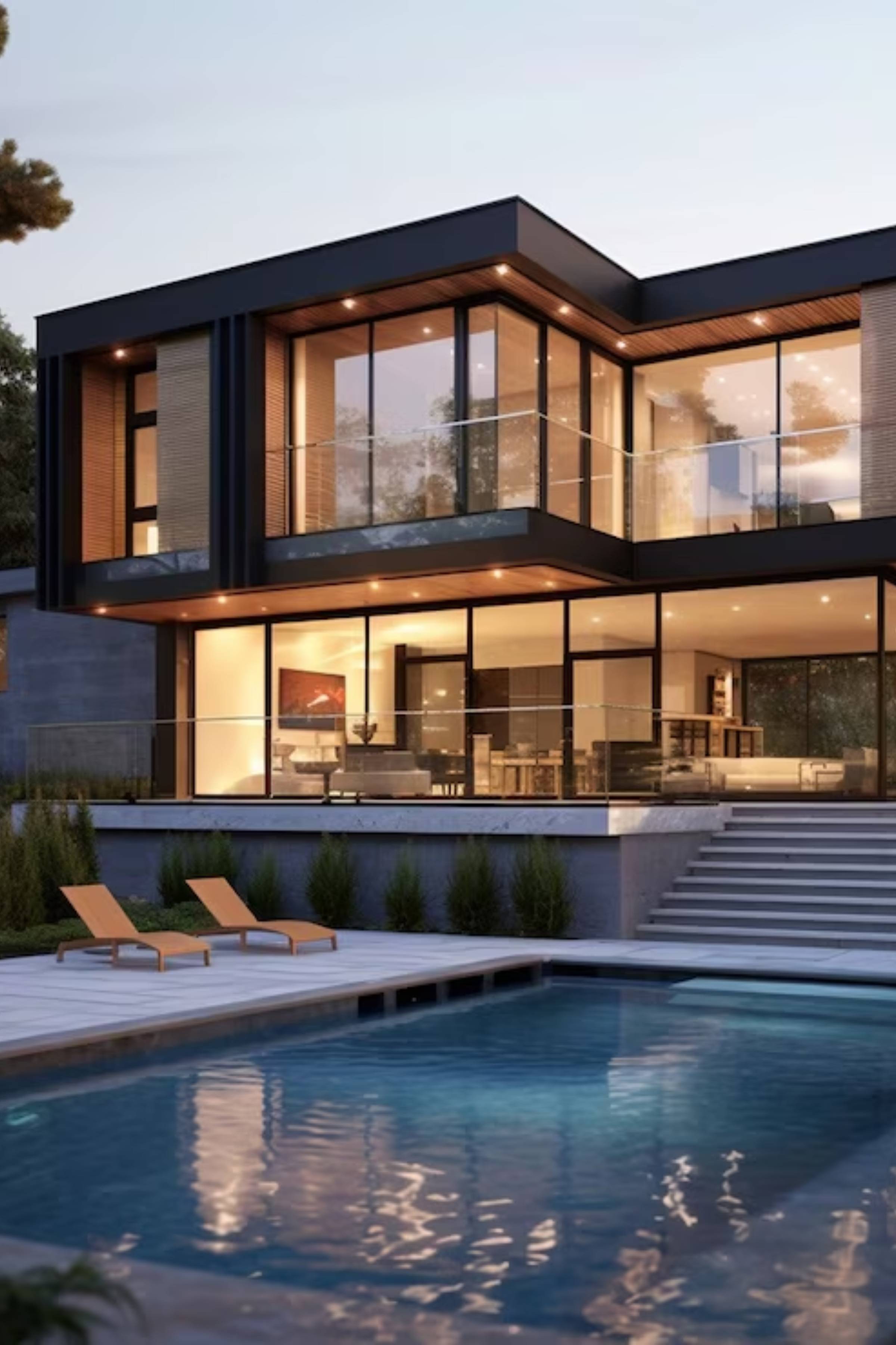 A modern kitchen with sleek white cabinets, a stainless steel sink, and a bright skylight illuminating the room. A cozy dining area with wicker chairs and minimalist decor is visible in the background